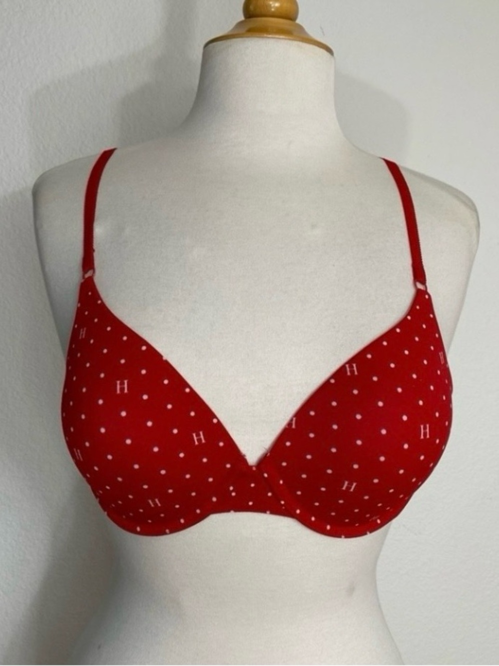 3/$25 Tommy Hilfiger Women's Red Polka Dot Logo Padded Adjustable Bra Size 36C